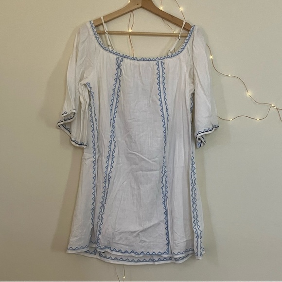 Embroidered Blue & White Linen Dress - Picture 2 of 8